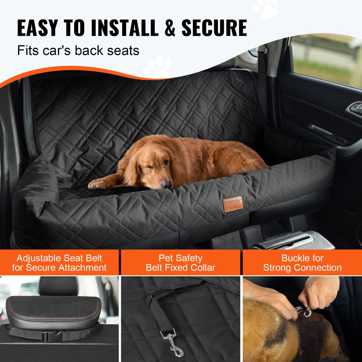 VEVOR Dog Car Seat, Waterproof Dog Booster Seat for Car, Pet Car Seat with Clip-On Safety Leash, PP Cotton Filling, Dog Car Bed for Medium & Large Dog up to 100 lbs, Black - CWZGQCZYSFSHXYKEFV0 - view 5