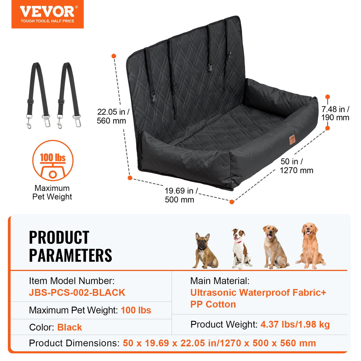 VEVOR Dog Car Seat, Waterproof Dog Booster Seat for Car, Pet Car Seat with Clip-On Safety Leash, PP Cotton Filling, Dog Car Bed for Medium & Large Dog up to 100 lbs, Black - CWZGQCZYSFSHXYKEFV0 - view 8