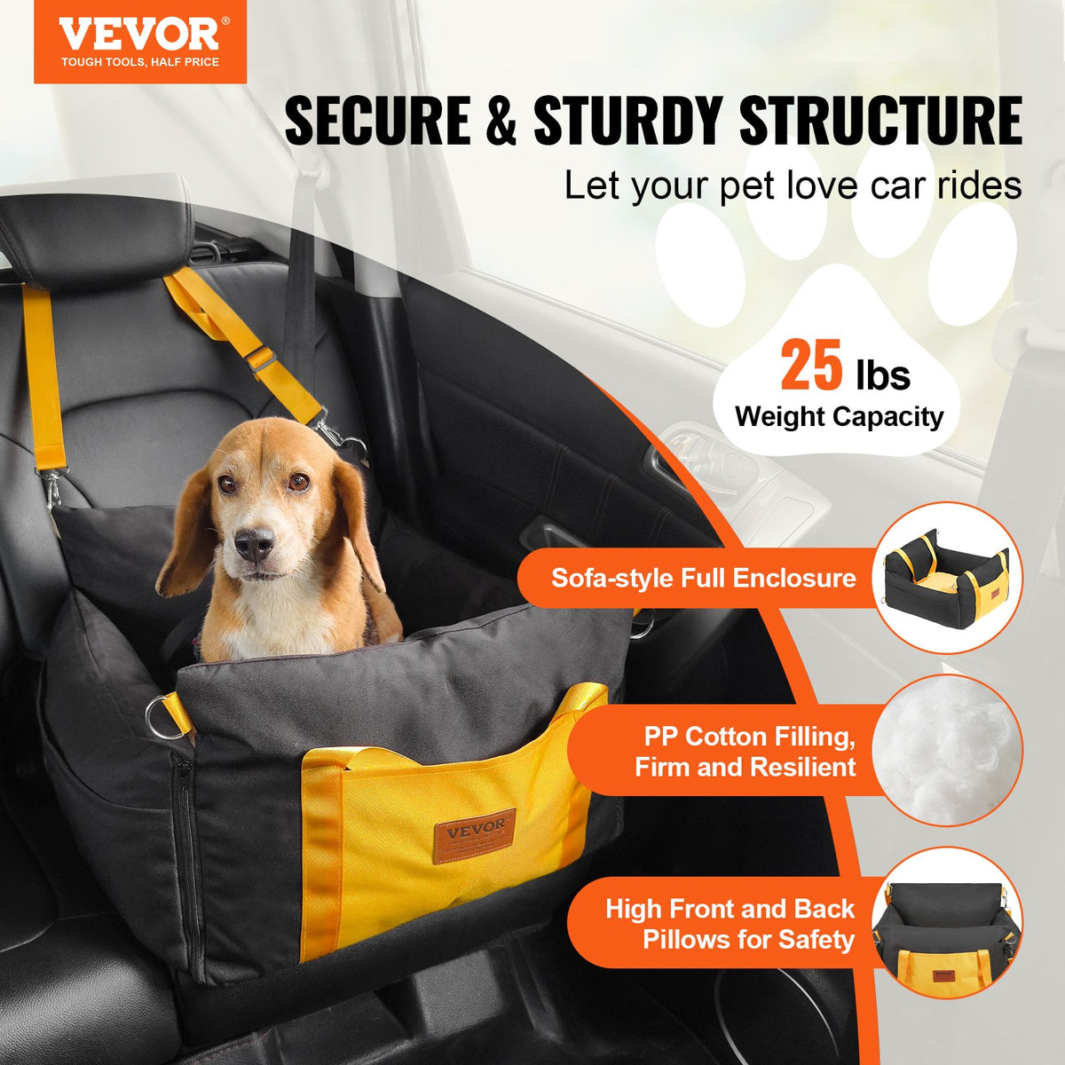 VEVOR Dog Car Seat, Waterproof Dog Booster Seat for Car with Side Handles and A Storage Pocket, Clip-On Safety Leash and PP Cotton Filling, Dog Car Bed for Small Dog up to 25lbs, Black - CWZGQCZYSFSQ7UB6XV0 - view 3
