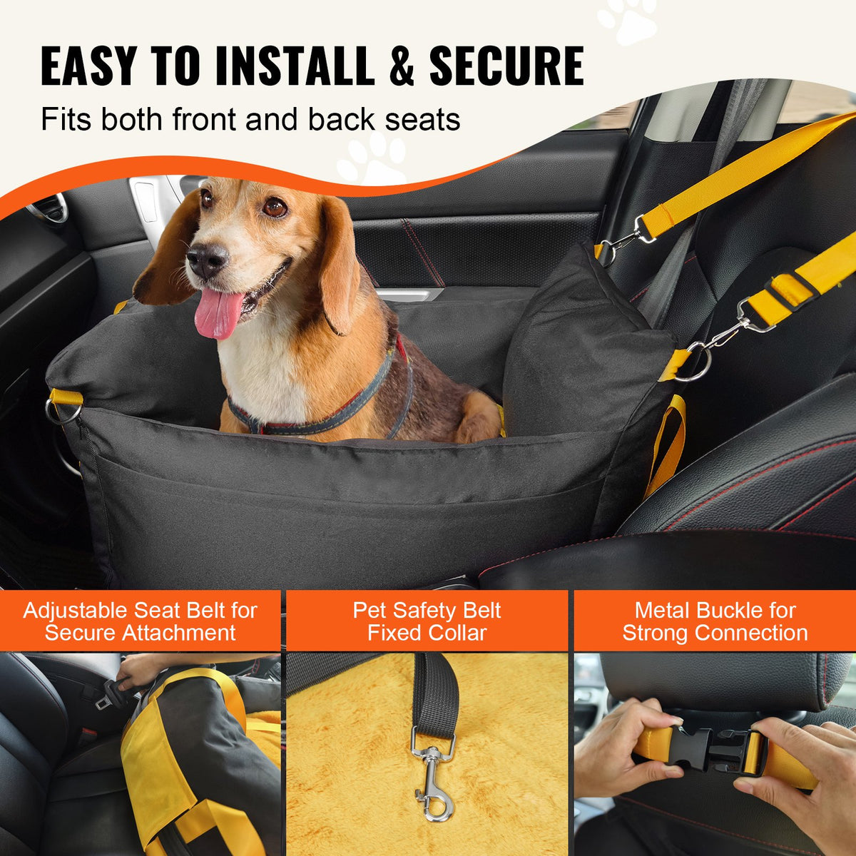VEVOR Dog Car Seat, Waterproof Dog Booster Seat for Car with Side Handles and A Storage Pocket, Clip-On Safety Leash and PP Cotton Filling, Dog Car Bed for Small Dog up to 25lbs, Black - CWZGQCZYSFSQ7UB6XV0 - view 5