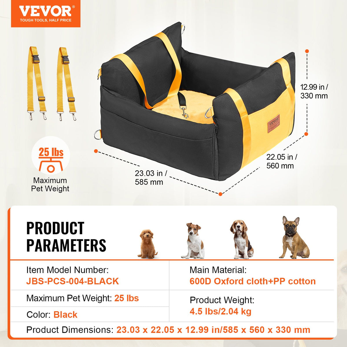 VEVOR Dog Car Seat, Waterproof Dog Booster Seat for Car with Side Handles and A Storage Pocket, Clip-On Safety Leash and PP Cotton Filling, Dog Car Bed for Small Dog up to 25lbs, Black - CWZGQCZYSFSQ7UB6XV0 - view 8
