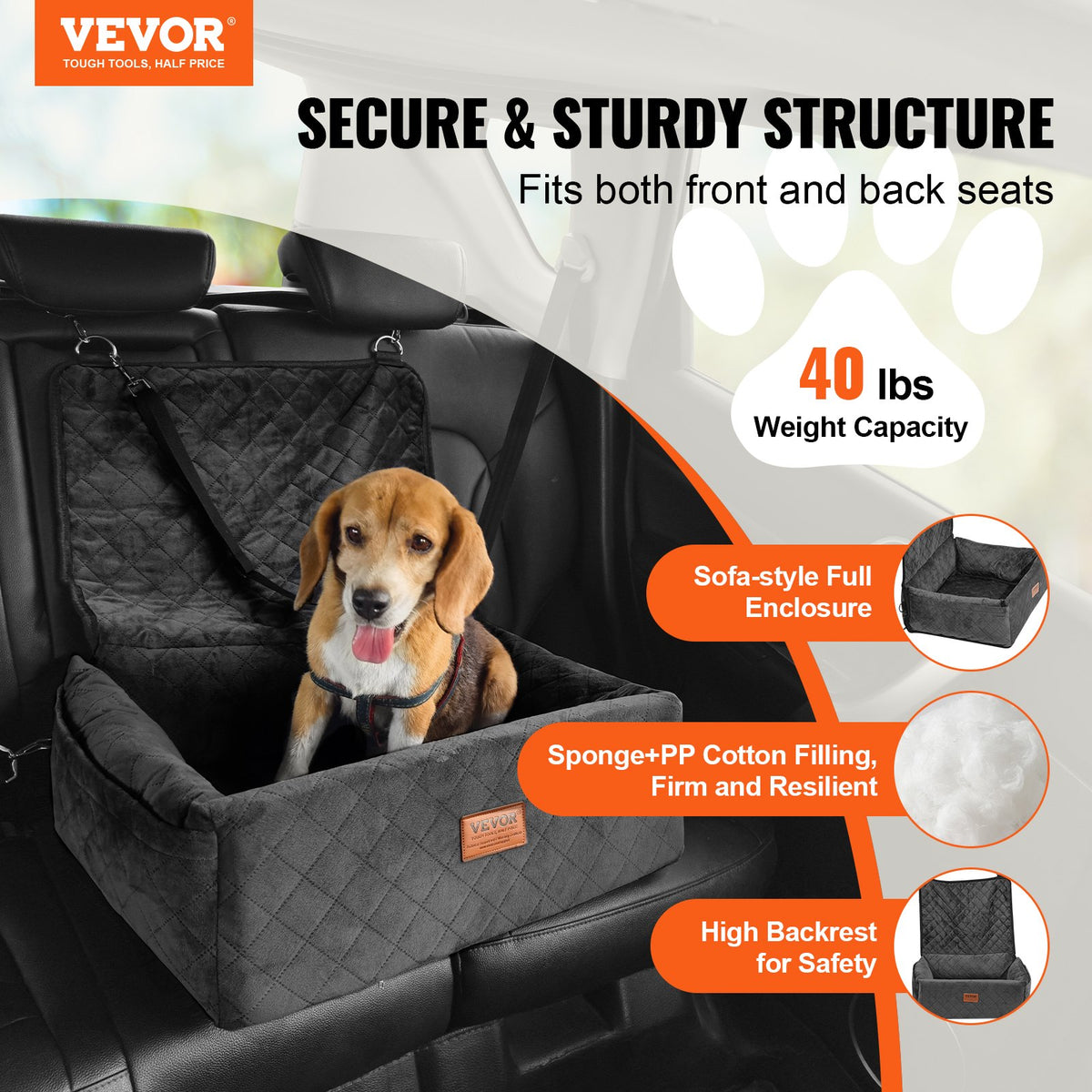 VEVOR Dog Car Seat, Dog Booster Seat for Car with A Storage Pocket, Clip-On Safety Leash, Sponge and PP Cotton Filling, Dog Car Bed for Small & Medium Dog up to 40lbs, Black - CWZGQCZYSFSQM6UMNV0 - view 3