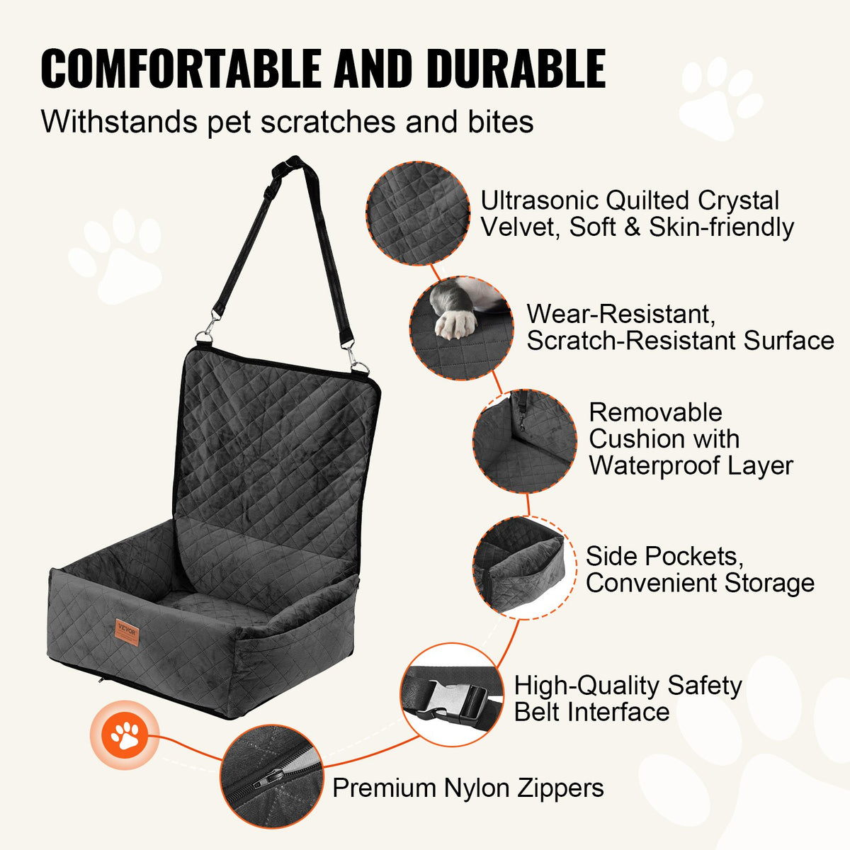 VEVOR Dog Car Seat, Dog Booster Seat for Car with A Storage Pocket, Clip-On Safety Leash, Sponge and PP Cotton Filling, Dog Car Bed for Small & Medium Dog up to 40lbs, Black - CWZGQCZYSFSQM6UMNV0 - view 4