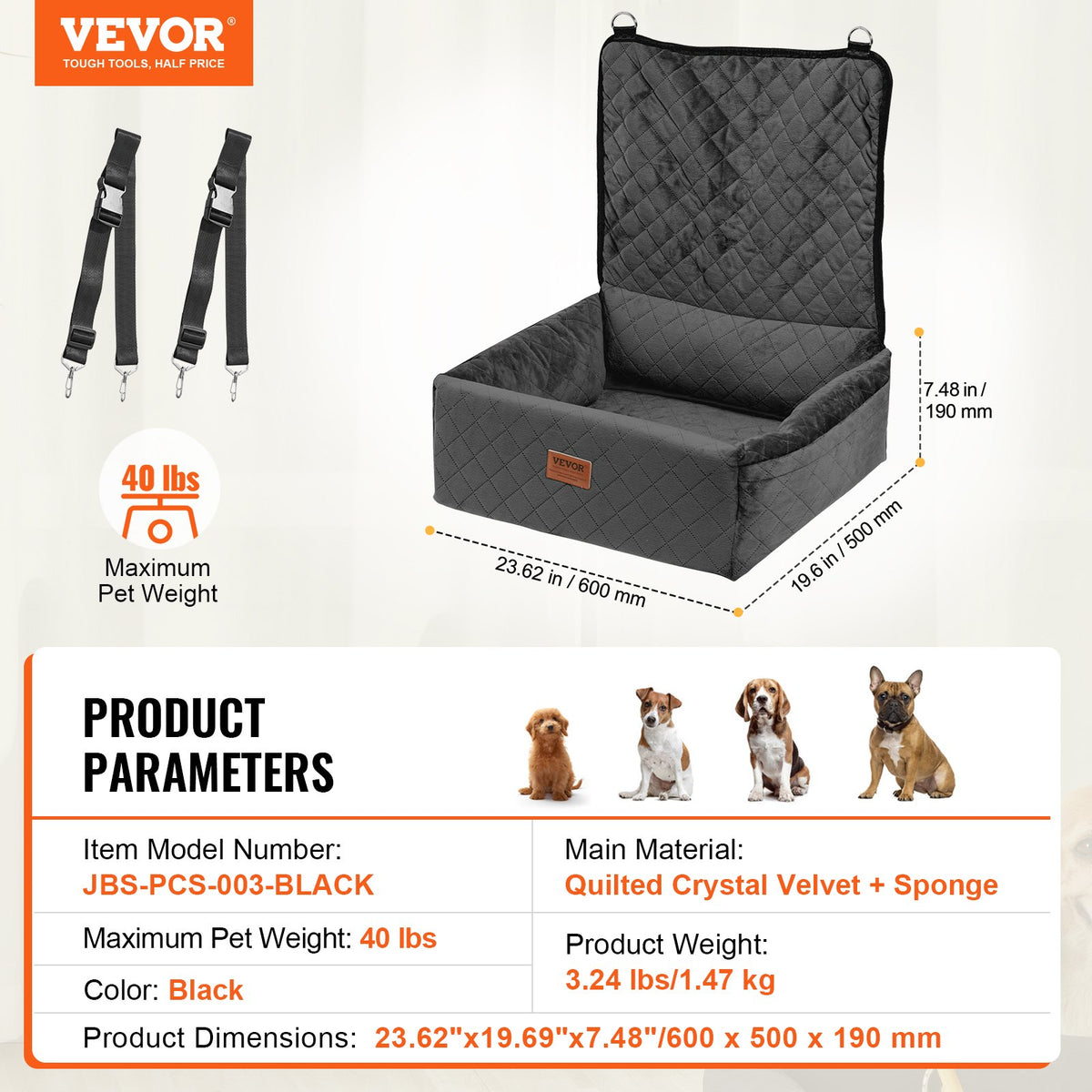 VEVOR Dog Car Seat, Dog Booster Seat for Car with A Storage Pocket, Clip-On Safety Leash, Sponge and PP Cotton Filling, Dog Car Bed for Small & Medium Dog up to 40lbs, Black - CWZGQCZYSFSQM6UMNV0 - view 8
