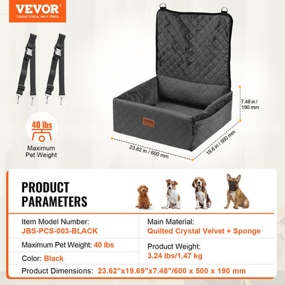 VEVOR Dog Car Seat, Dog Booster Seat for Car with A Storage Pocket, Clip-On Safety Leash, Sponge and PP Cotton Filling, Dog Car Bed for Small & Medium Dog up to 40lbs, Black - CWZGQCZYSFSQM6UMNV0 - view 8