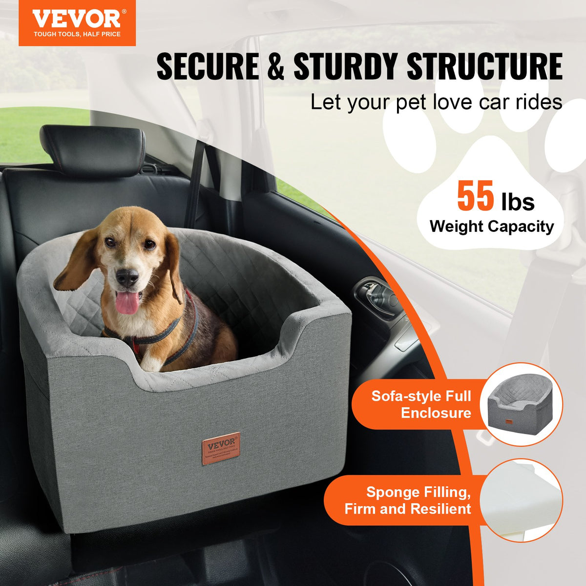 VEVOR Dog Car Seat, Waterproof Dog Booster Seat for Car with A Storage Pocket, Clip-On Safety Leash and Sponge Filling, Dog Car Bed for Small & Medium Dog up to 55lbs, Gray - CWZGQCZYTSQH1HCRMV0 - view 3