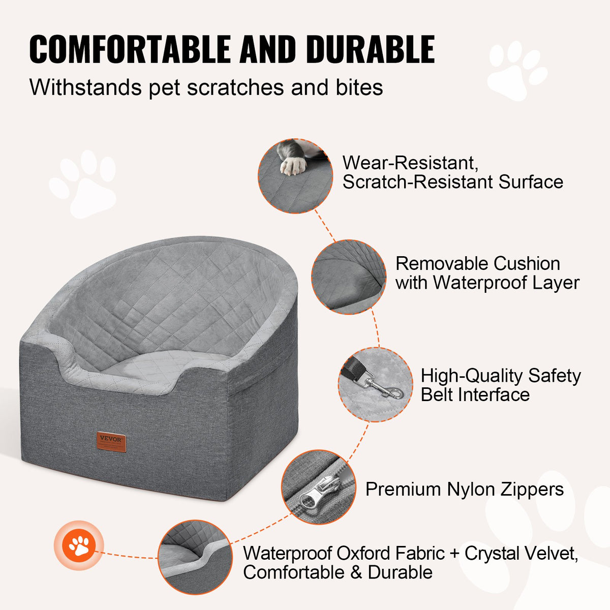 VEVOR Dog Car Seat, Waterproof Dog Booster Seat for Car with A Storage Pocket, Clip-On Safety Leash and Sponge Filling, Dog Car Bed for Small & Medium Dog up to 55lbs, Gray - CWZGQCZYTSQH1HCRMV0 - view 4