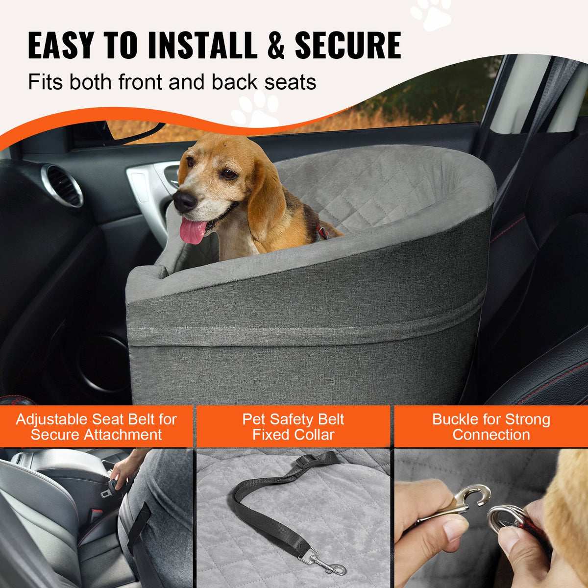VEVOR Dog Car Seat, Waterproof Dog Booster Seat for Car with A Storage Pocket, Clip-On Safety Leash and Sponge Filling, Dog Car Bed for Small & Medium Dog up to 55lbs, Gray - CWZGQCZYTSQH1HCRMV0 - view 5