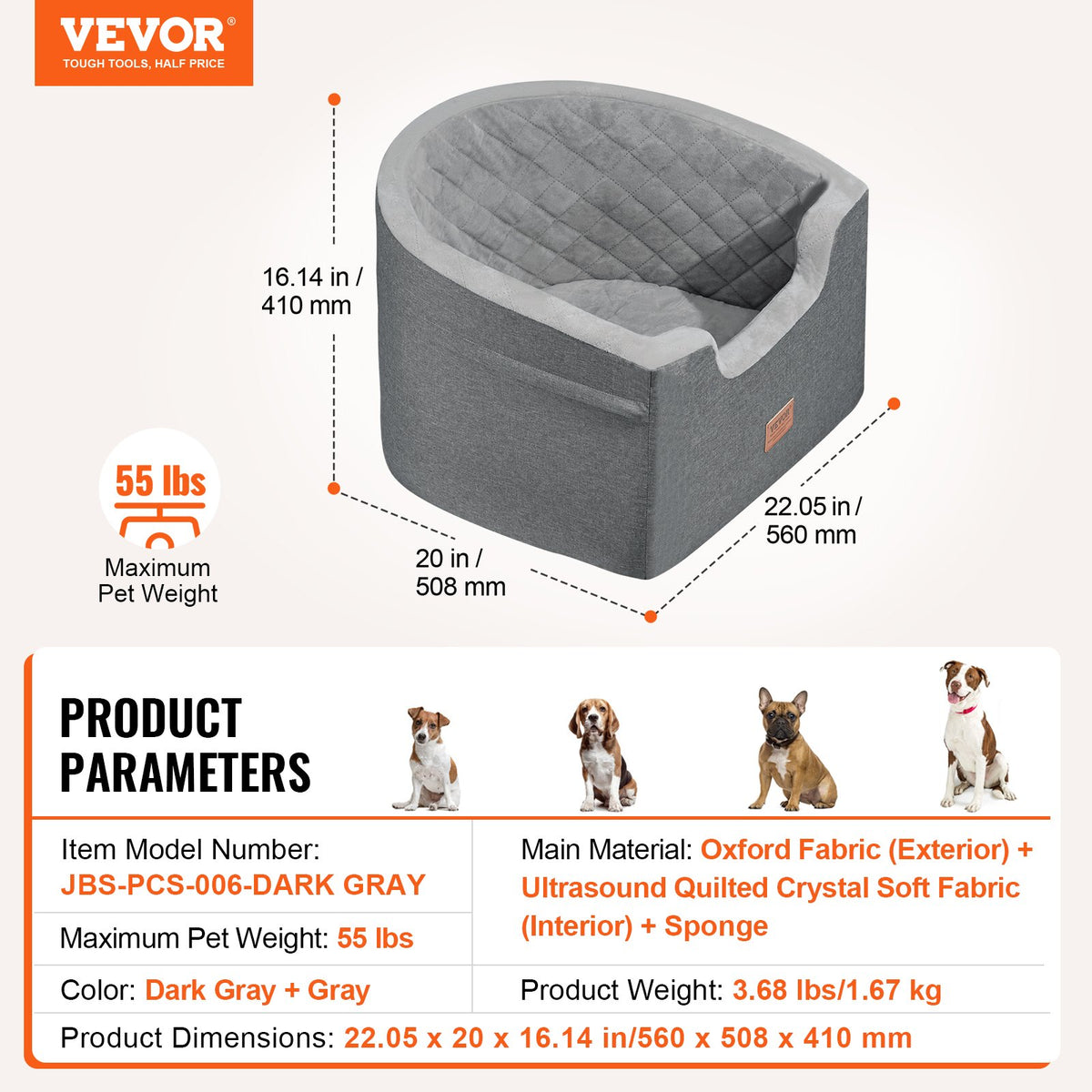 VEVOR Dog Car Seat, Waterproof Dog Booster Seat for Car with A Storage Pocket, Clip-On Safety Leash and Sponge Filling, Dog Car Bed for Small & Medium Dog up to 55lbs, Gray - CWZGQCZYTSQH1HCRMV0 - view 8