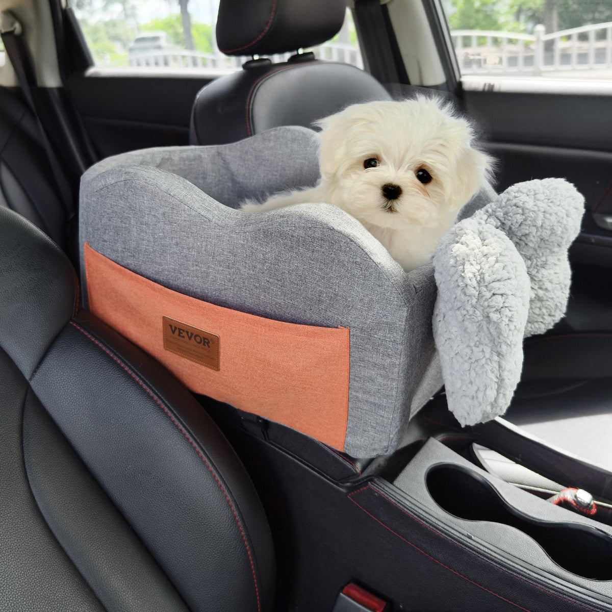 VEVOR Console Dog Car Seat, Center Console Dog Booster Seat for Small Dog, Pet Car Seat for Car Armrest with Clip-On Leash, Adjustable Straps, Supports up to 8lbs, Dark Gray - CWZGQCZYXSZKLZXT4V0 - view 1