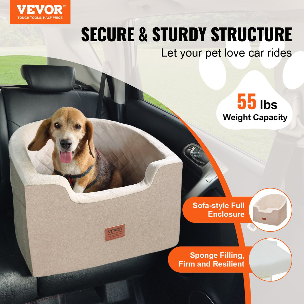 VEVOR Dog Car Seat, Waterproof Dog Booster Seat for Car with A Storage Pocket, Clip-On Safety Leash and Sponge Filling, Dog Car Bed for Small & Medium Dog up to 55lbs, Brown - CWZGQCZYZQHT264QBV0 - view 3