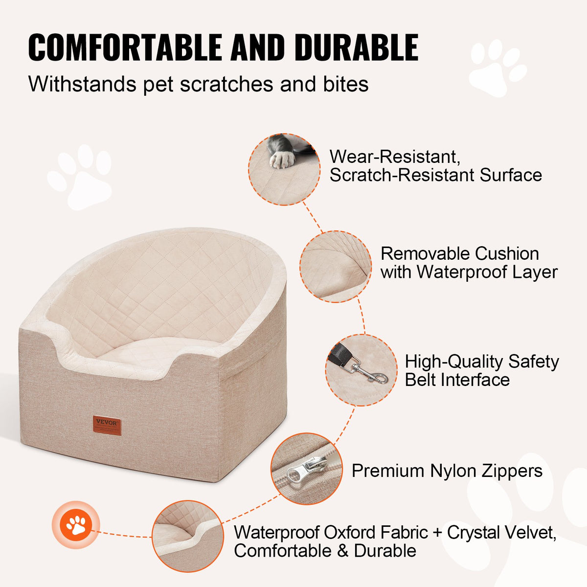 VEVOR Dog Car Seat, Waterproof Dog Booster Seat for Car with A Storage Pocket, Clip-On Safety Leash and Sponge Filling, Dog Car Bed for Small & Medium Dog up to 55lbs, Brown - CWZGQCZYZQHT264QBV0 - view 4