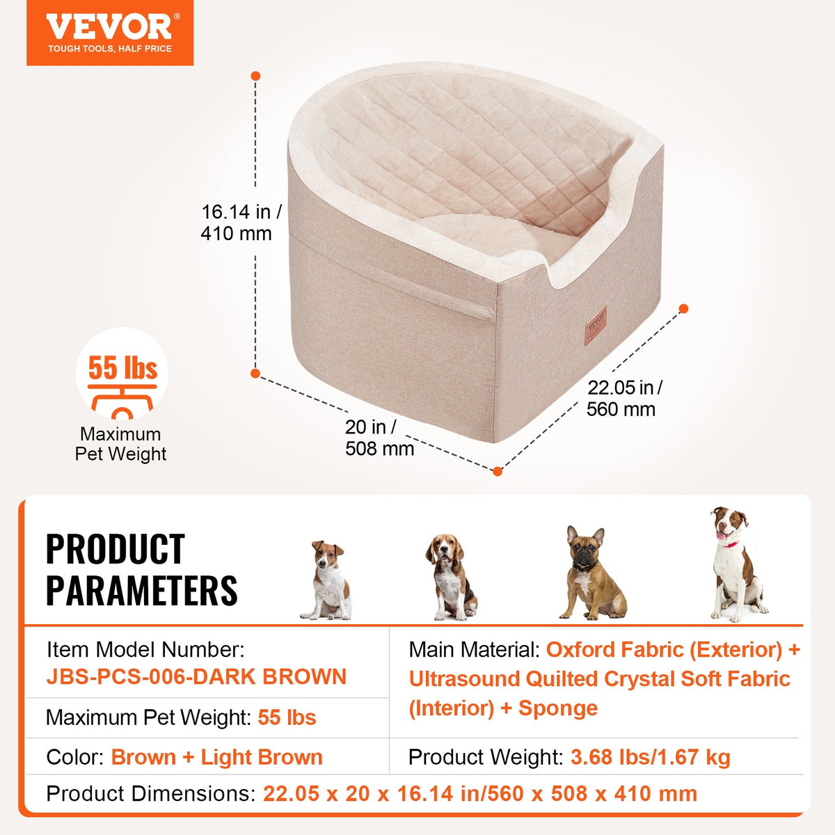 VEVOR Dog Car Seat, Waterproof Dog Booster Seat for Car with A Storage Pocket, Clip-On Safety Leash and Sponge Filling, Dog Car Bed for Small & Medium Dog up to 55lbs, Brown - CWZGQCZYZQHT264QBV0 - view 8