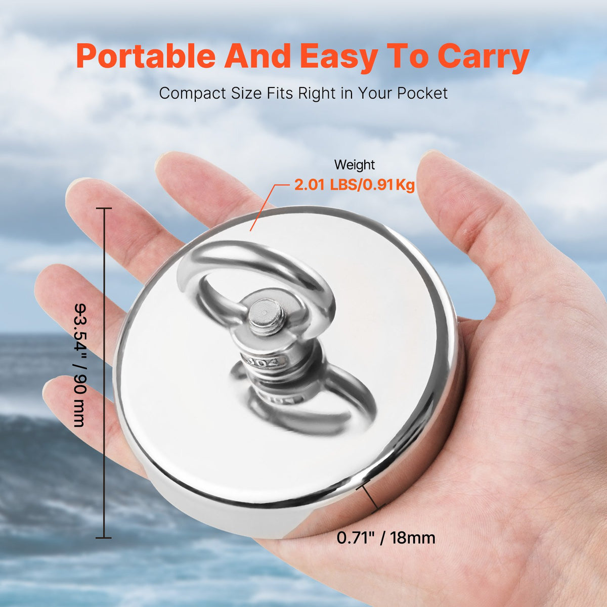 VEVOR Fishing Magnet, 1000 LBS/454 Kg Pulling Force Super Strong Neodymium Fishing Magnet, Rare Earth Magnet with Handle Diameter 2.72 in/69 mm for Retrieving in River, Magnetic Fishing, Heavy Hanging - CXDYCTDPDM10HWZ0GV0 - view 6