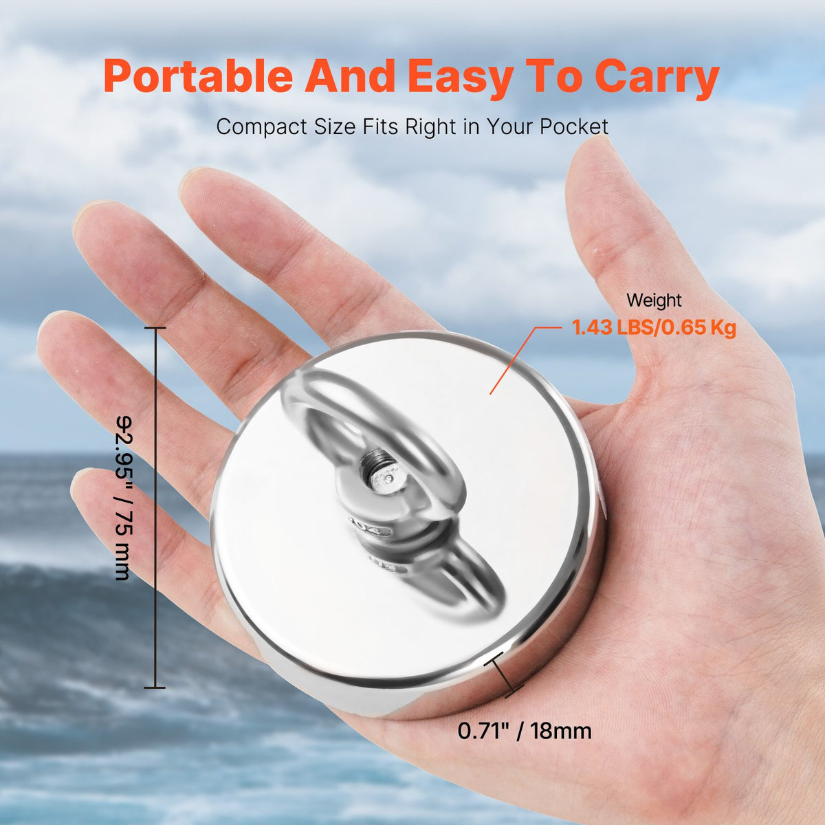 VEVOR Fishing Magnet, 700 LBS/318 Kg Pulling Force Super Strong Neodymium Fishing Magnet, Rare Earth Magnet with Handle Diameter 2.36 in/60 mm for Retrieving in River, Magnetic Fishing, Heavy Hanging - CXDYCTDPDM70KC62EV0 - view 6