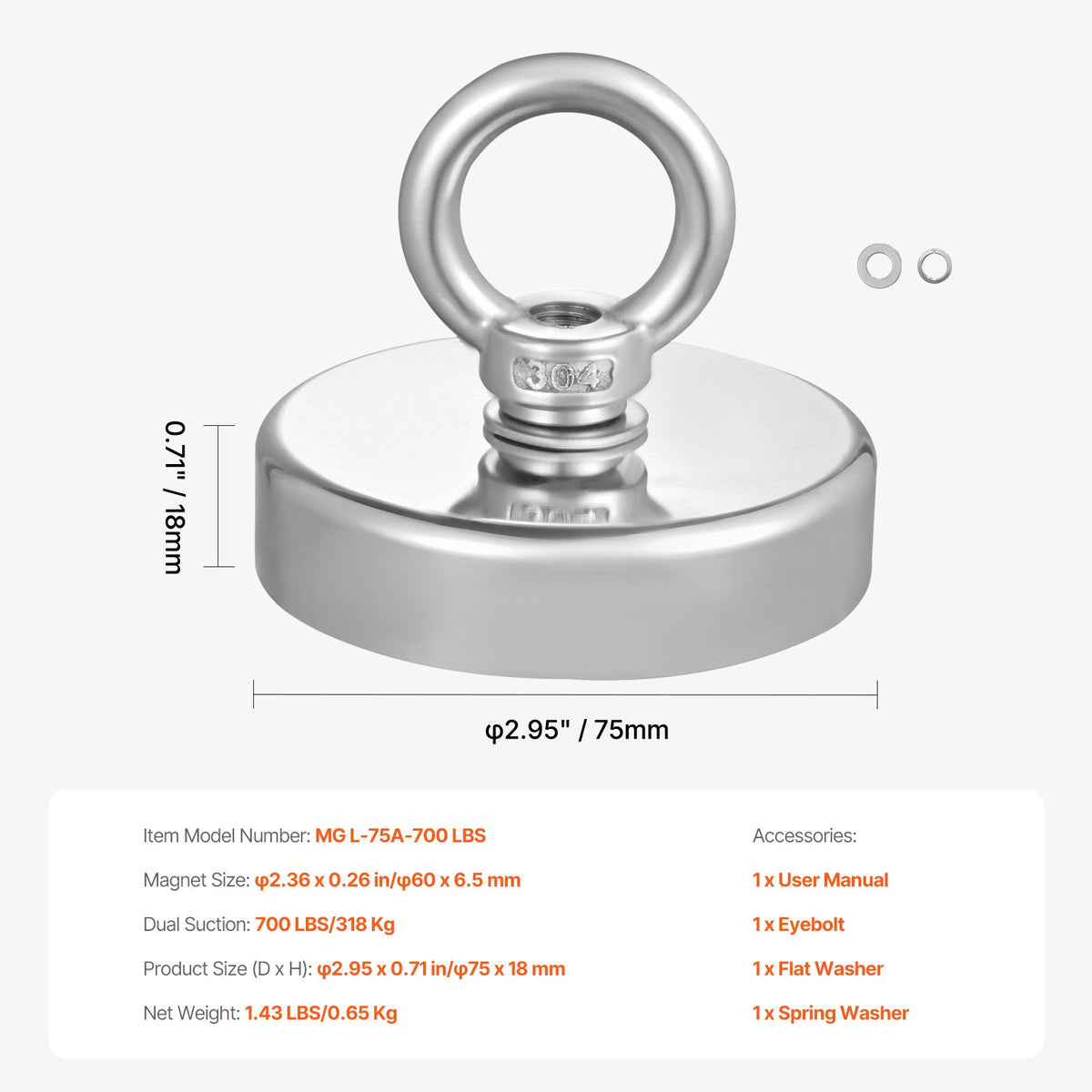 VEVOR Fishing Magnet, 700 LBS/318 Kg Pulling Force Super Strong Neodymium Fishing Magnet, Rare Earth Magnet with Handle Diameter 2.36 in/60 mm for Retrieving in River, Magnetic Fishing, Heavy Hanging - CXDYCTDPDM70KC62EV0 - view 8