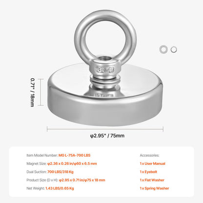 VEVOR Fishing Magnet, 700 LBS/318 Kg Pulling Force Super Strong Neodymium Fishing Magnet, Rare Earth Magnet with Handle Diameter 2.36 in/60 mm for Retrieving in River, Magnetic Fishing, Heavy Hanging - CXDYCTDPDM70KC62EV0 - view 8