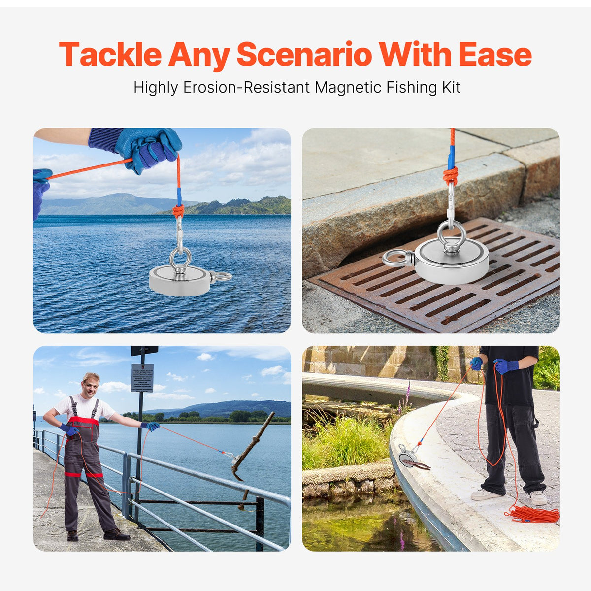 VEVOR Magnet Fishing Kit, 2000 LBS/907 Kg Double-Sided Pulling Force Strong Magnet Fishing Kit, Rare Earth Neodymium Magnetic Fishing Kit Includes Grappling Hook, Heavy Duty Rope, Gloves and Eyebolt - CXDYTZ2JTSM2K4AQDV0 - view 7