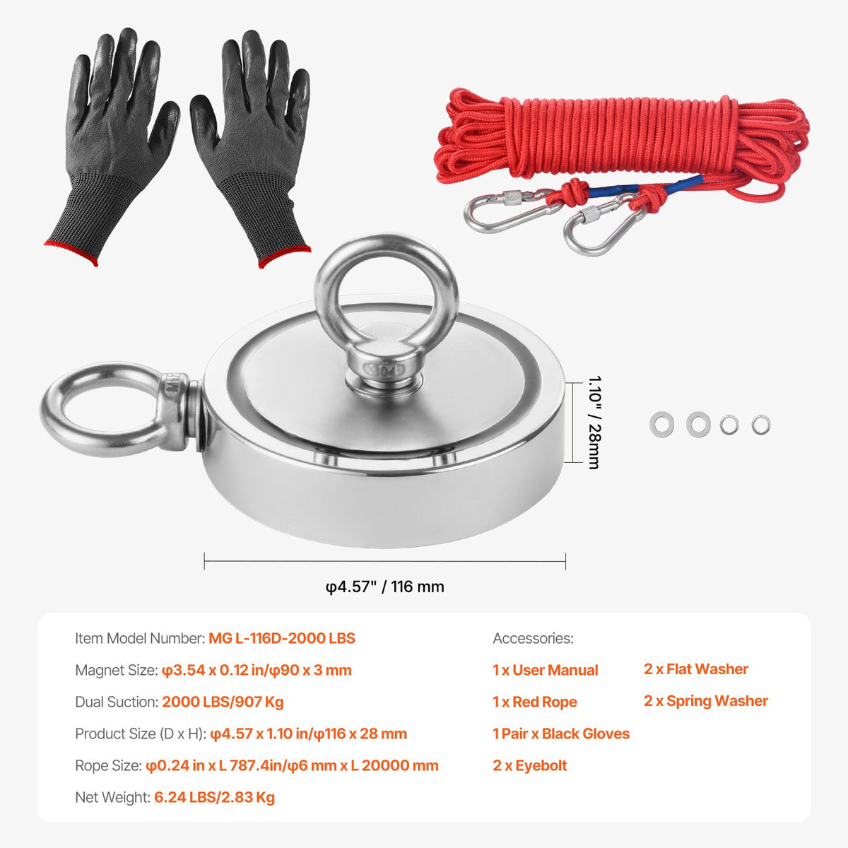 VEVOR Magnet Fishing Kit, 2000 LBS/907 Kg Double-Sided Pulling Force Strong Magnet Fishing Kit, Rare Earth Neodymium Magnetic Fishing Kit Includes Grappling Hook, Heavy Duty Rope, Gloves and Eyebolt - CXDYTZ2JTSM2K4AQDV0 - view 8