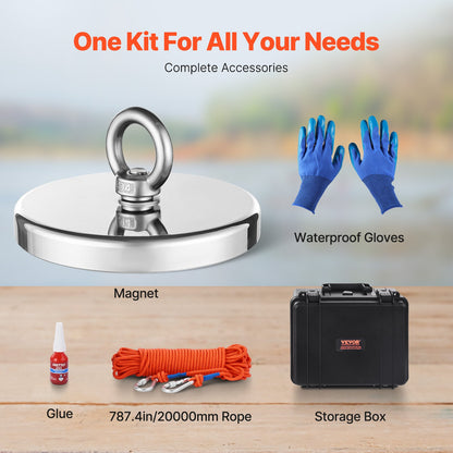 VEVOR Magnet Fishing Kit, 2000 LBS/907 Kg Single-Sided Pulling Force Magnet Fishing Kit, Rare Earth Neodymium Magnetic Fishing Kit Includes Grappling Hook, Heavy Duty Rope, Gloves, Eyebolt, Carry Case - CXDYTZDM2000JQ4ALV0 - view 4