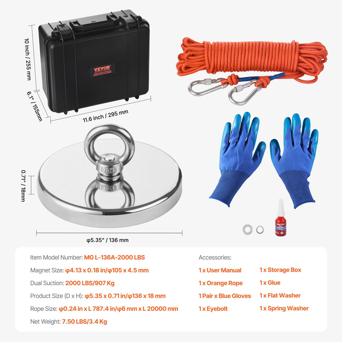VEVOR Magnet Fishing Kit, 2000 LBS/907 Kg Single-Sided Pulling Force Magnet Fishing Kit, Rare Earth Neodymium Magnetic Fishing Kit Includes Grappling Hook, Heavy Duty Rope, Gloves, Eyebolt, Carry Case - CXDYTZDM2000JQ4ALV0 - view 8