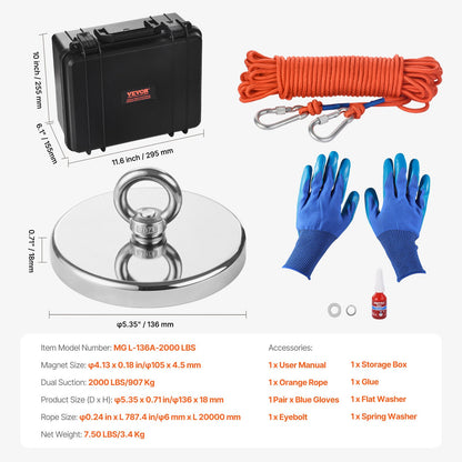 VEVOR Magnet Fishing Kit, 2000 LBS/907 Kg Single-Sided Pulling Force Magnet Fishing Kit, Rare Earth Neodymium Magnetic Fishing Kit Includes Grappling Hook, Heavy Duty Rope, Gloves, Eyebolt, Carry Case - CXDYTZDM2000JQ4ALV0 - view 8