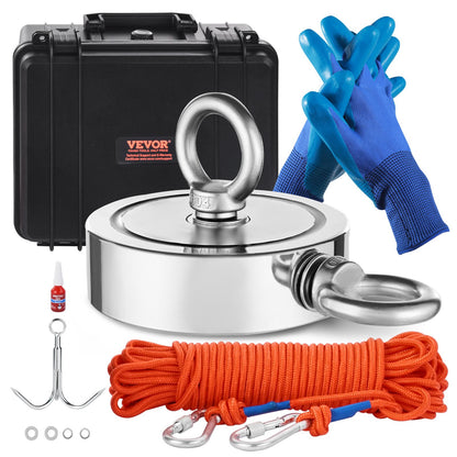 VEVOR Magnet Fishing Kit, 1400 LBS/635 Kg Double-Sided Pulling Force Magnet Fishing Kit, Rare Earth Neodymium Magnetic Fishing Kit Includes Grappling Hook, Heavy Duty Rope, Gloves, Eyebolt, Carry Case - CXDYTZSM1400T20HUV0 - view 1