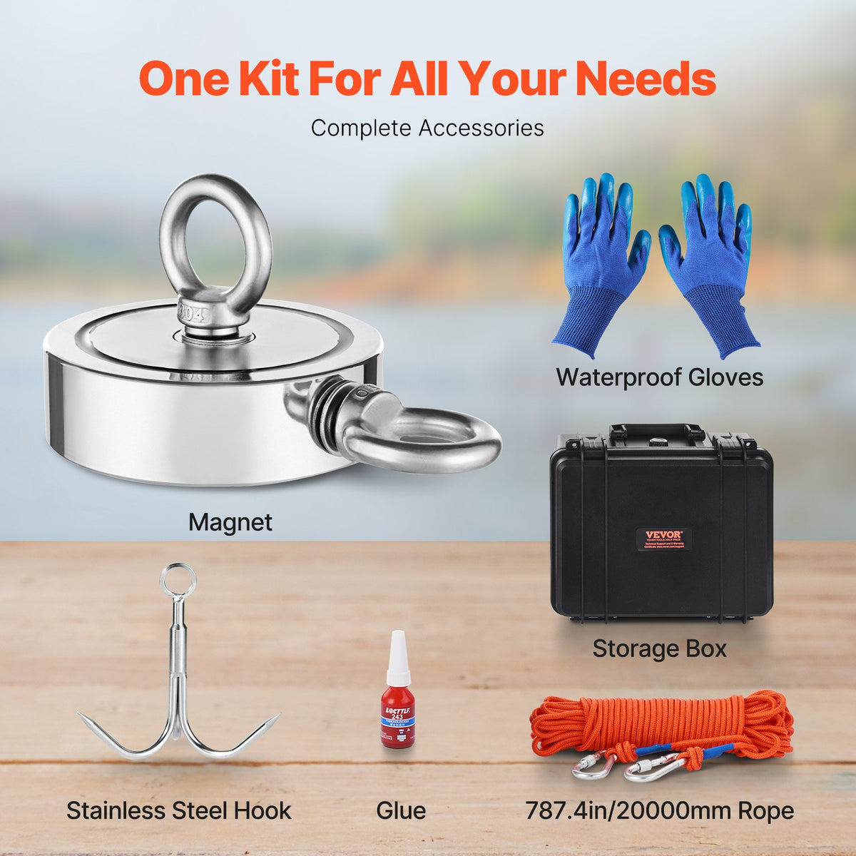 VEVOR Magnet Fishing Kit, 1400 LBS/635 Kg Double-Sided Pulling Force Magnet Fishing Kit, Rare Earth Neodymium Magnetic Fishing Kit Includes Grappling Hook, Heavy Duty Rope, Gloves, Eyebolt, Carry Case - CXDYTZSM1400T20HUV0 - view 4
