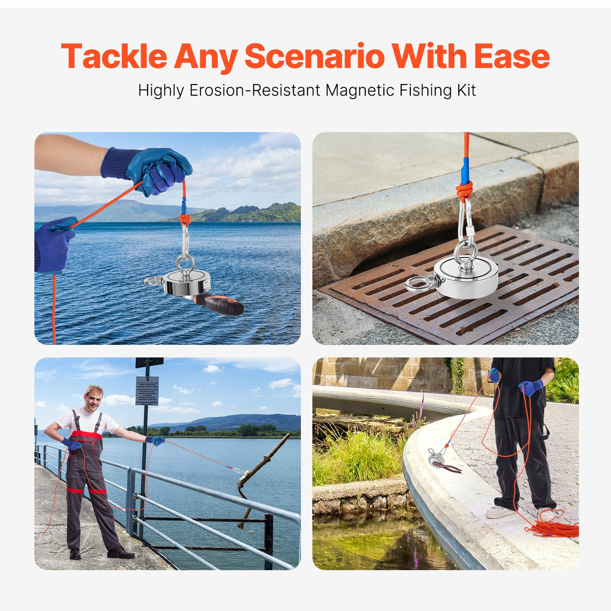 VEVOR Magnet Fishing Kit, 1400 LBS/635 Kg Double-Sided Pulling Force Magnet Fishing Kit, Rare Earth Neodymium Magnetic Fishing Kit Includes Grappling Hook, Heavy Duty Rope, Gloves, Eyebolt, Carry Case - CXDYTZSM1400T20HUV0 - view 7