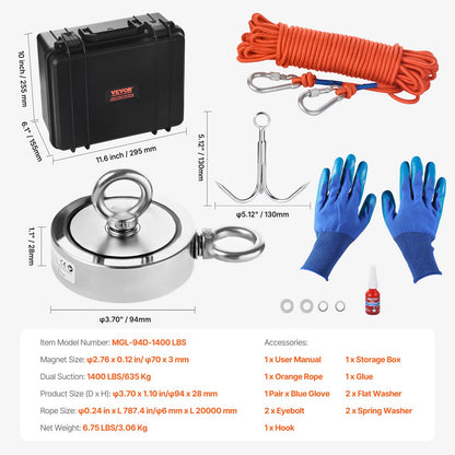 VEVOR Magnet Fishing Kit, 1400 LBS/635 Kg Double-Sided Pulling Force Magnet Fishing Kit, Rare Earth Neodymium Magnetic Fishing Kit Includes Grappling Hook, Heavy Duty Rope, Gloves, Eyebolt, Carry Case - CXDYTZSM1400T20HUV0 - view 8