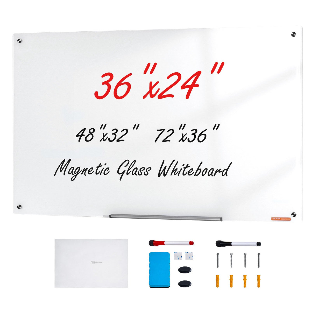 VEVOR Magnetic Glass Whiteboard, Dry Erase Board 36"x24", Wall-Mounted Large White Glassboard Frameless, with Marker Tray, an Eraser and 2 Markers, White - CXGCBLBGHBL3CGGHBV0 - view 1