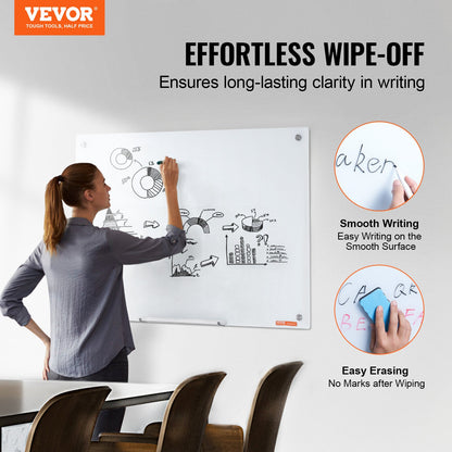 VEVOR Magnetic Glass Whiteboard, Dry Erase Board 36"x24", Wall-Mounted Large White Glassboard Frameless, with Marker Tray, an Eraser and 2 Markers, White - CXGCBLBGHBL3CGGHBV0 - view 3