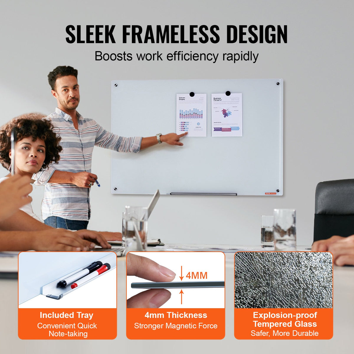 VEVOR Magnetic Glass Whiteboard, Dry Erase Board 36"x24", Wall-Mounted Large White Glassboard Frameless, with Marker Tray, an Eraser and 2 Markers, White - CXGCBLBGHBL3CGGHBV0 - view 5