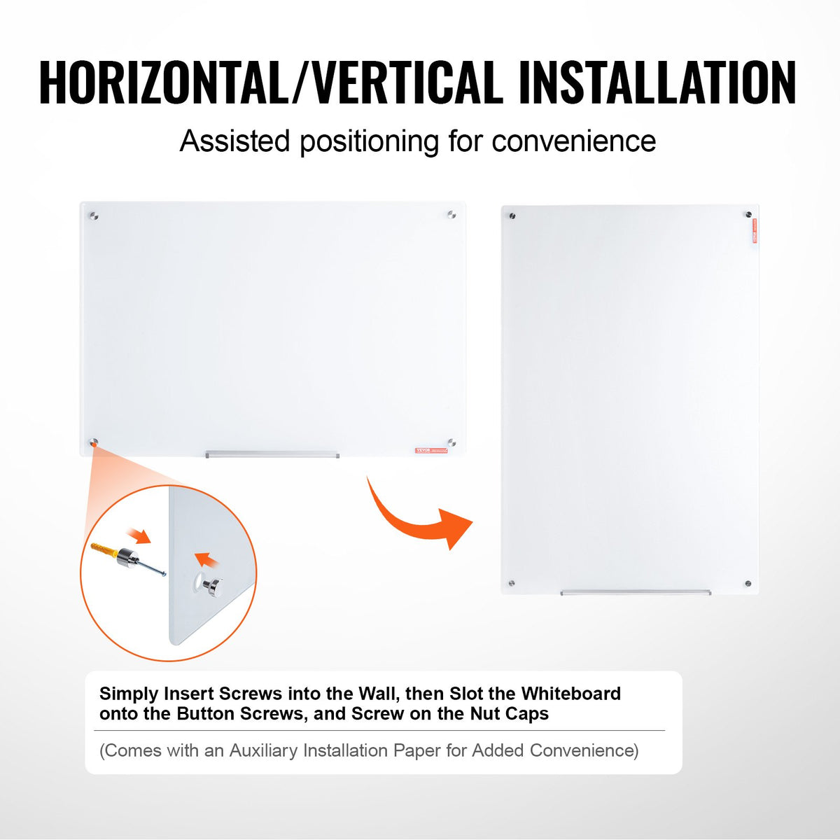 VEVOR Magnetic Glass Whiteboard, Dry Erase Board 36"x24", Wall-Mounted Large White Glassboard Frameless, with Marker Tray, an Eraser and 2 Markers, White - CXGCBLBGHBL3CGGHBV0 - view 6