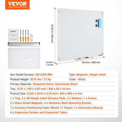 VEVOR Magnetic Glass Whiteboard, Dry Erase Board 36"x24", Wall-Mounted Large White Glassboard Frameless, with Marker Tray, an Eraser and 2 Markers, White - CXGCBLBGHBL3CGGHBV0 - view 8