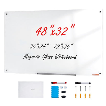 VEVOR Magnetic Glass Whiteboard, Dry Erase Board 48"x32", Wall-Mounted Large White Glassboard Frameless, with Marker Tray, an Eraser and 2 Markers, White - CXGCBLBGHBL4O9WH5V0 - view 1