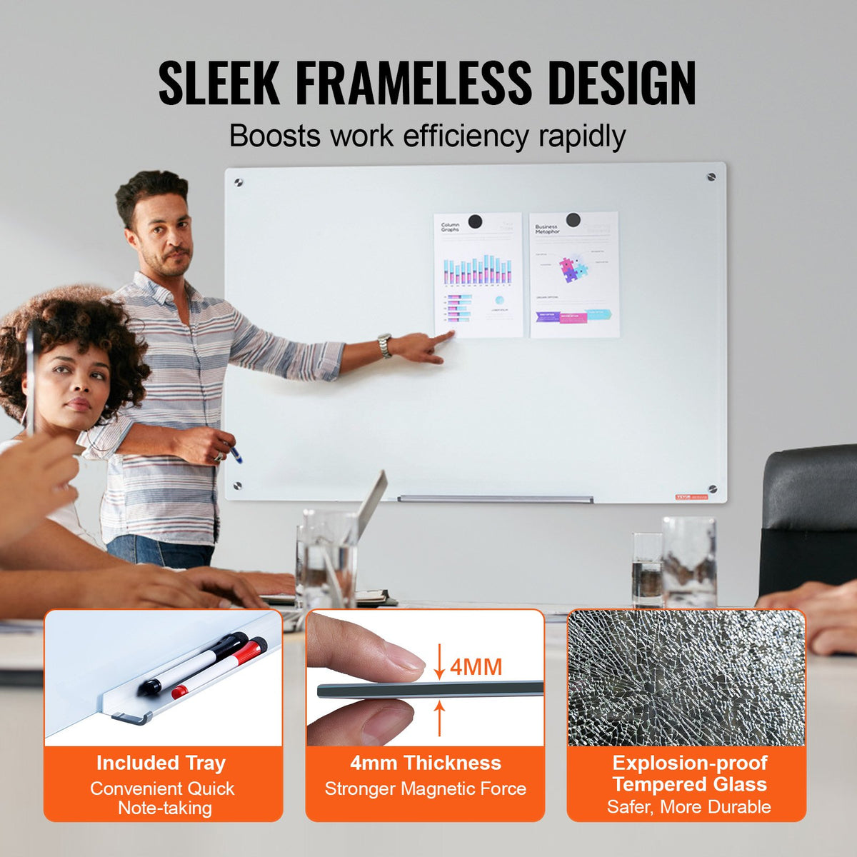 VEVOR Magnetic Glass Whiteboard, Dry Erase Board 48"x32", Wall-Mounted Large White Glassboard Frameless, with Marker Tray, an Eraser and 2 Markers, White - CXGCBLBGHBL4O9WH5V0 - view 4