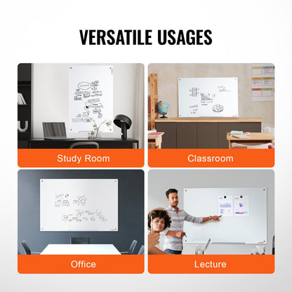 VEVOR Magnetic Glass Whiteboard, Dry Erase Board 48"x32", Wall-Mounted Large White Glassboard Frameless, with Marker Tray, an Eraser and 2 Markers, White - CXGCBLBGHBL4O9WH5V0 - view 6