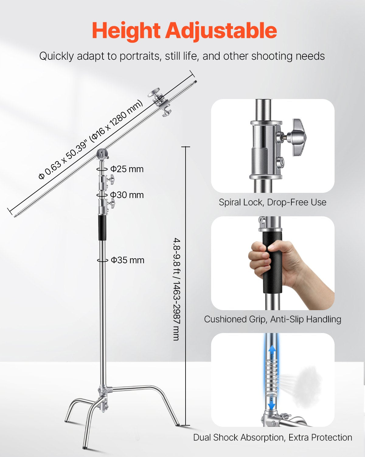 VEVOR C Stand with Boom Arm, Max Height 10.83 ft/330 cm, Stainless Steel Heavy Duty Photography Light Stand with 4.8-9.8 ft Adjustable Height, 2 Grip Head for Studio Monolight, Softbox, Reflector - CXJYHJ3M0000FCLT8V0 - view 4