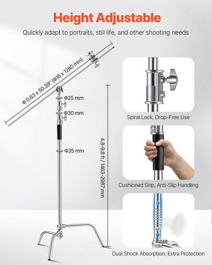 VEVOR C Stand with Boom Arm, Max Height 10.83 ft/330 cm, Stainless Steel Heavy Duty Photography Light Stand with 4.8-9.8 ft Adjustable Height, 2 Grip Head for Studio Monolight, Softbox, Reflector - CXJYHJ3M0000FCLT8V0 - view 4
