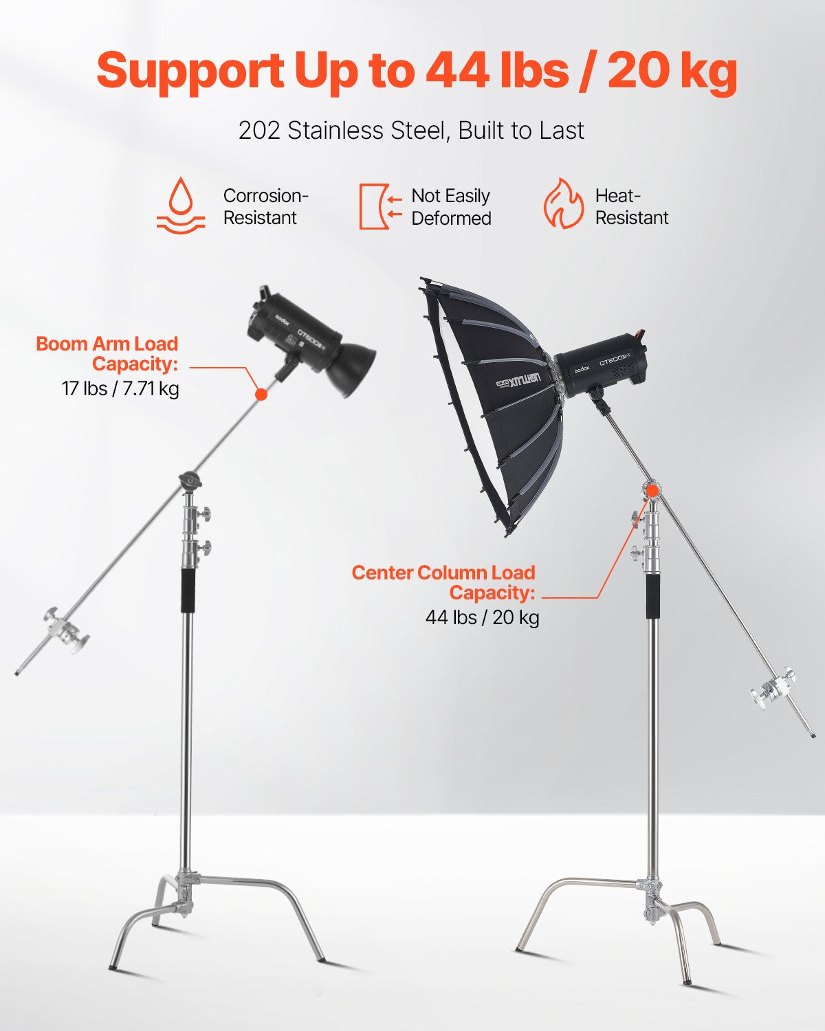 VEVOR C Stand with Boom Arm, Max Height 10.83 ft/330 cm, Stainless Steel Heavy Duty Photography Light Stand with 4.8-9.8 ft Adjustable Height, 2 Grip Head for Studio Monolight, Softbox, Reflector - CXJYHJ3M0000FCLT8V0 - view 5