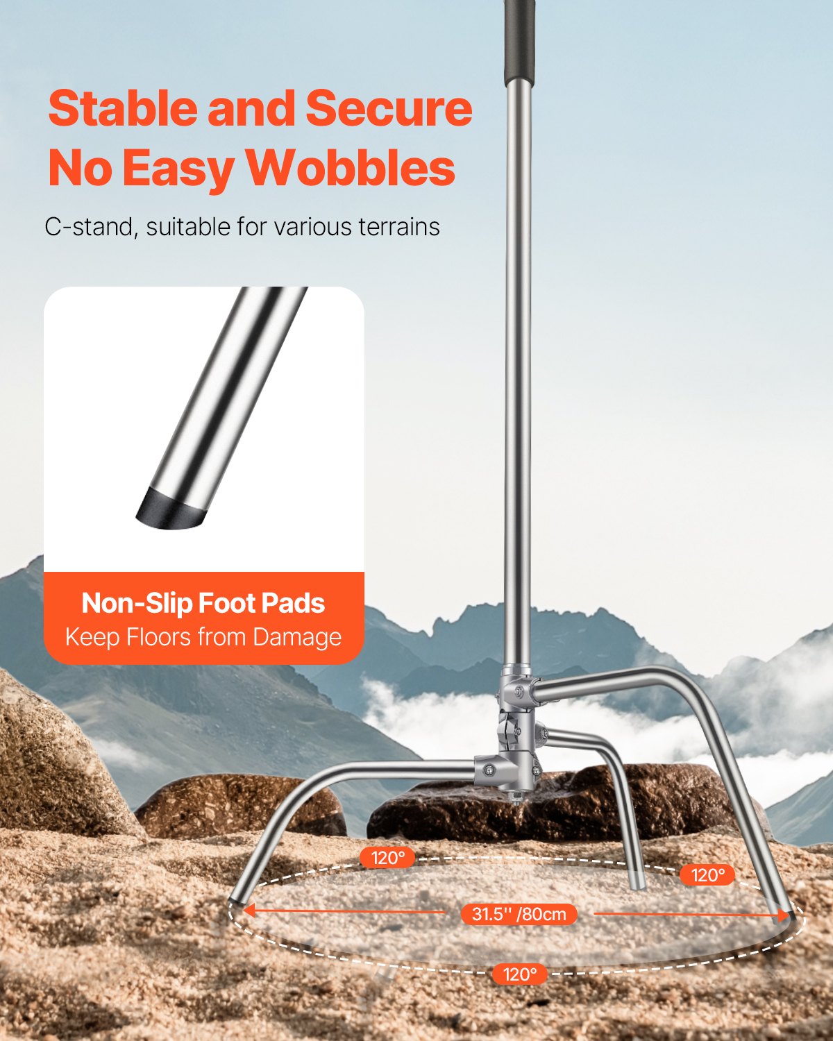 VEVOR C Stand with Boom Arm, Max Height 10.83 ft/330 cm, Stainless Steel Heavy Duty Photography Light Stand with 4.8-9.8 ft Adjustable Height, 2 Grip Head for Studio Monolight, Softbox, Reflector - CXJYHJ3M0000FCLT8V0 - view 6