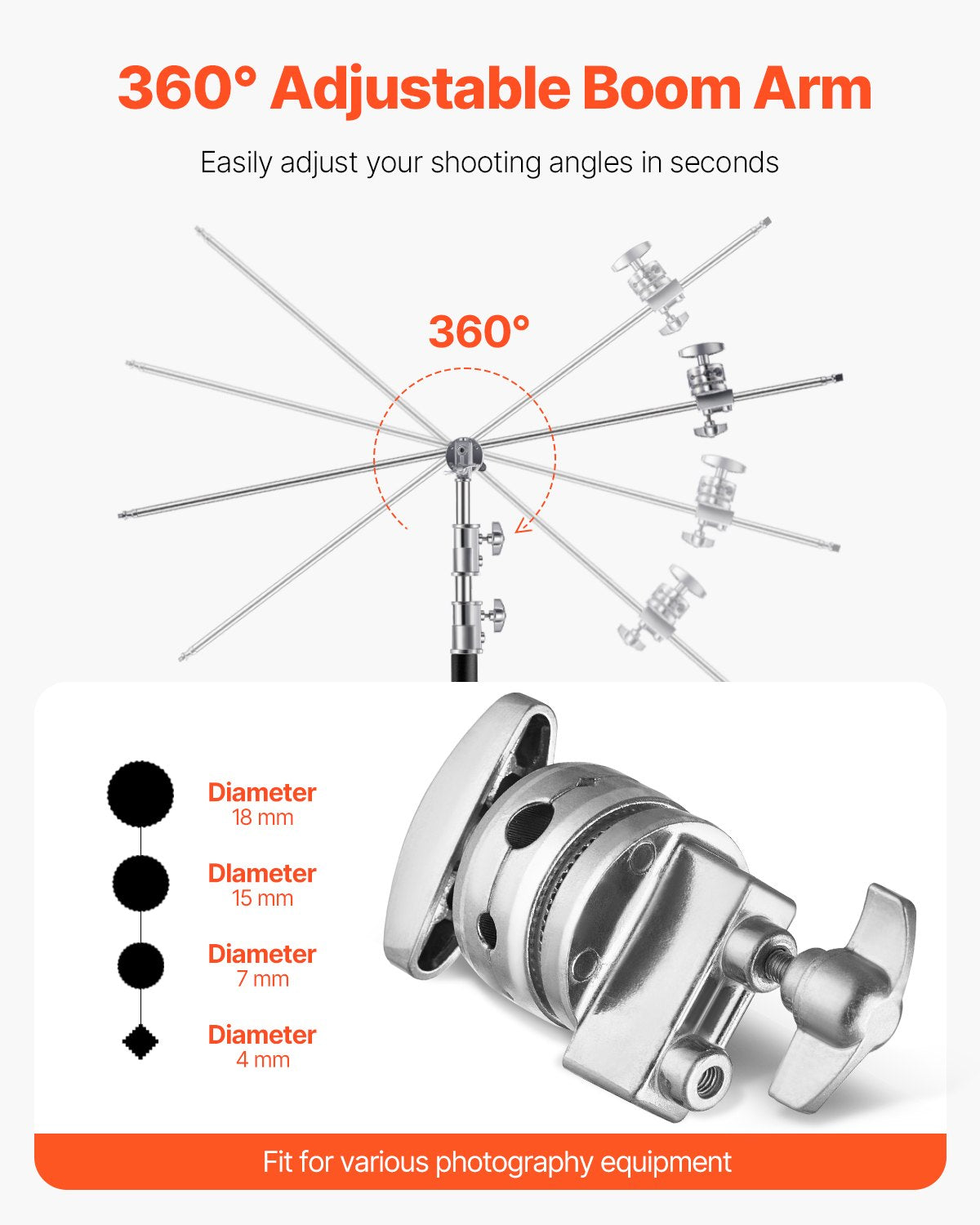 VEVOR C Stand with Boom Arm, Max Height 10.83 ft/330 cm, Stainless Steel Heavy Duty Photography Light Stand with 4.8-9.8 ft Adjustable Height, 2 Grip Head for Studio Monolight, Softbox, Reflector - CXJYHJ3M0000FCLT8V0 - view 7