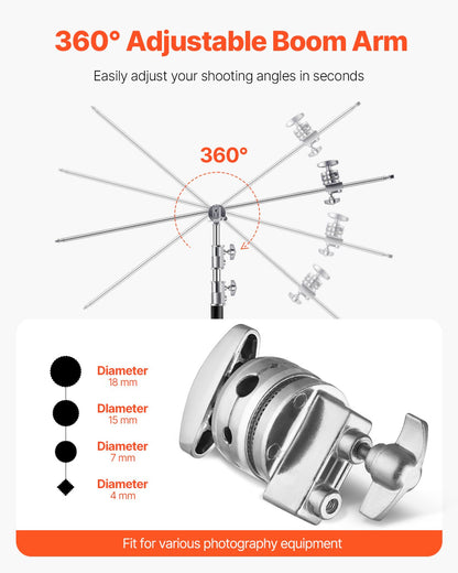 VEVOR C Stand with Boom Arm, Max Height 10.83 ft/330 cm, Stainless Steel Heavy Duty Photography Light Stand with 4.8-9.8 ft Adjustable Height, 2 Grip Head for Studio Monolight, Softbox, Reflector - CXJYHJ3M0000FCLT8V0 - view 7