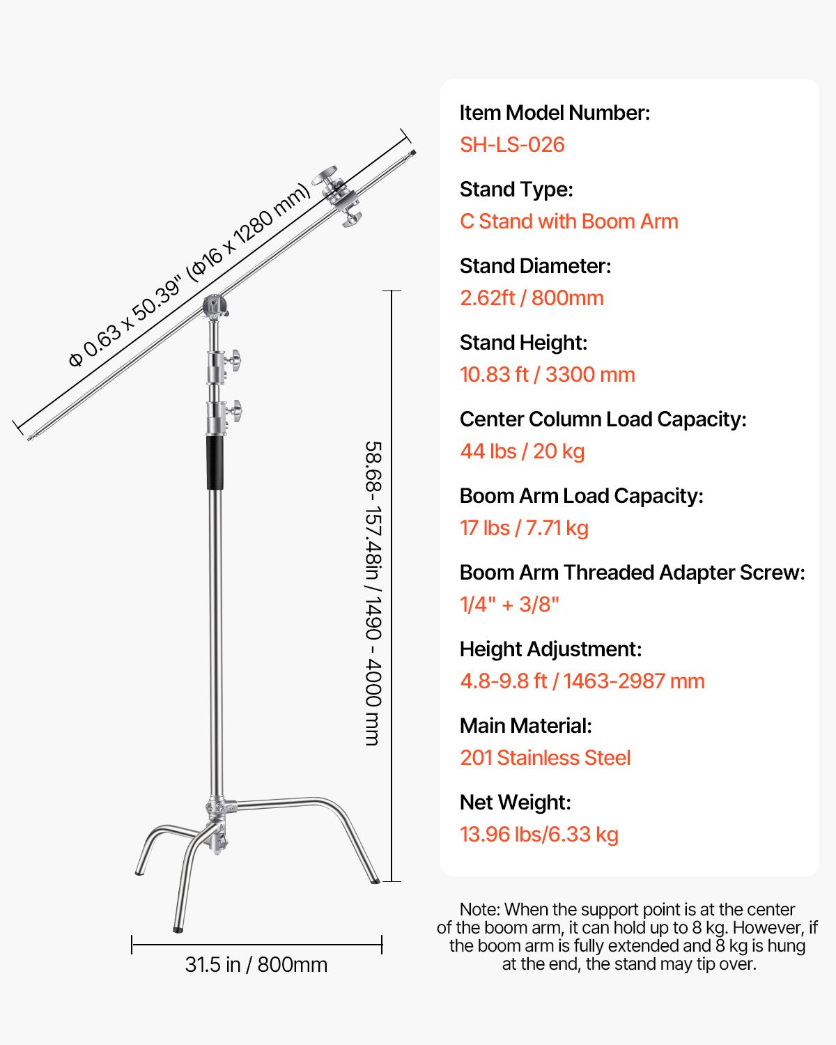 VEVOR C Stand with Boom Arm, Max Height 10.83 ft/330 cm, Stainless Steel Heavy Duty Photography Light Stand with 4.8-9.8 ft Adjustable Height, 2 Grip Head for Studio Monolight, Softbox, Reflector - CXJYHJ3M0000FCLT8V0 - view 8