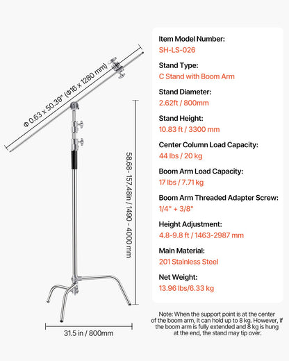 VEVOR C Stand with Boom Arm, Max Height 10.83 ft/330 cm, Stainless Steel Heavy Duty Photography Light Stand with 4.8-9.8 ft Adjustable Height, 2 Grip Head for Studio Monolight, Softbox, Reflector - CXJYHJ3M0000FCLT8V0 - view 8