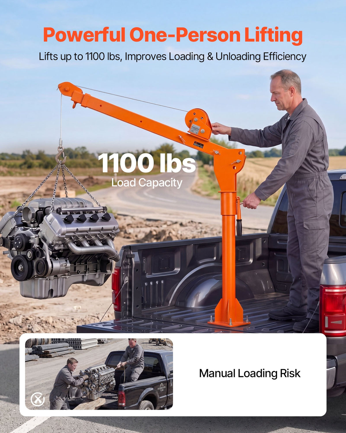 VEVOR Truck Crane, 1100 lbs Manual Pickup Truck Crane with Hand Winch, 360° Rotating Telescopic Boom, Premium Galvanized Steel, Foldable Pickup Bed Jib for Machine Lumber Attic Heavy Load Lifting - CXKSDCZDJSDJZEDLE001V0 - view 3