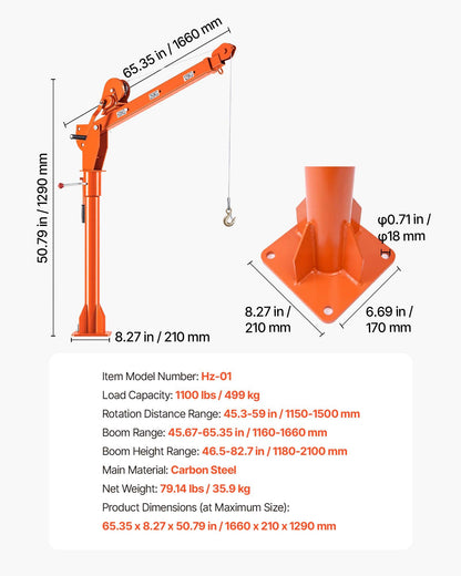 VEVOR Truck Crane, 1100 lbs Manual Pickup Truck Crane with Hand Winch, 360° Rotating Telescopic Boom, Premium Galvanized Steel, Foldable Pickup Bed Jib for Machine Lumber Attic Heavy Load Lifting - CXKSDCZDJSDJZEDLE001V0 - view 7