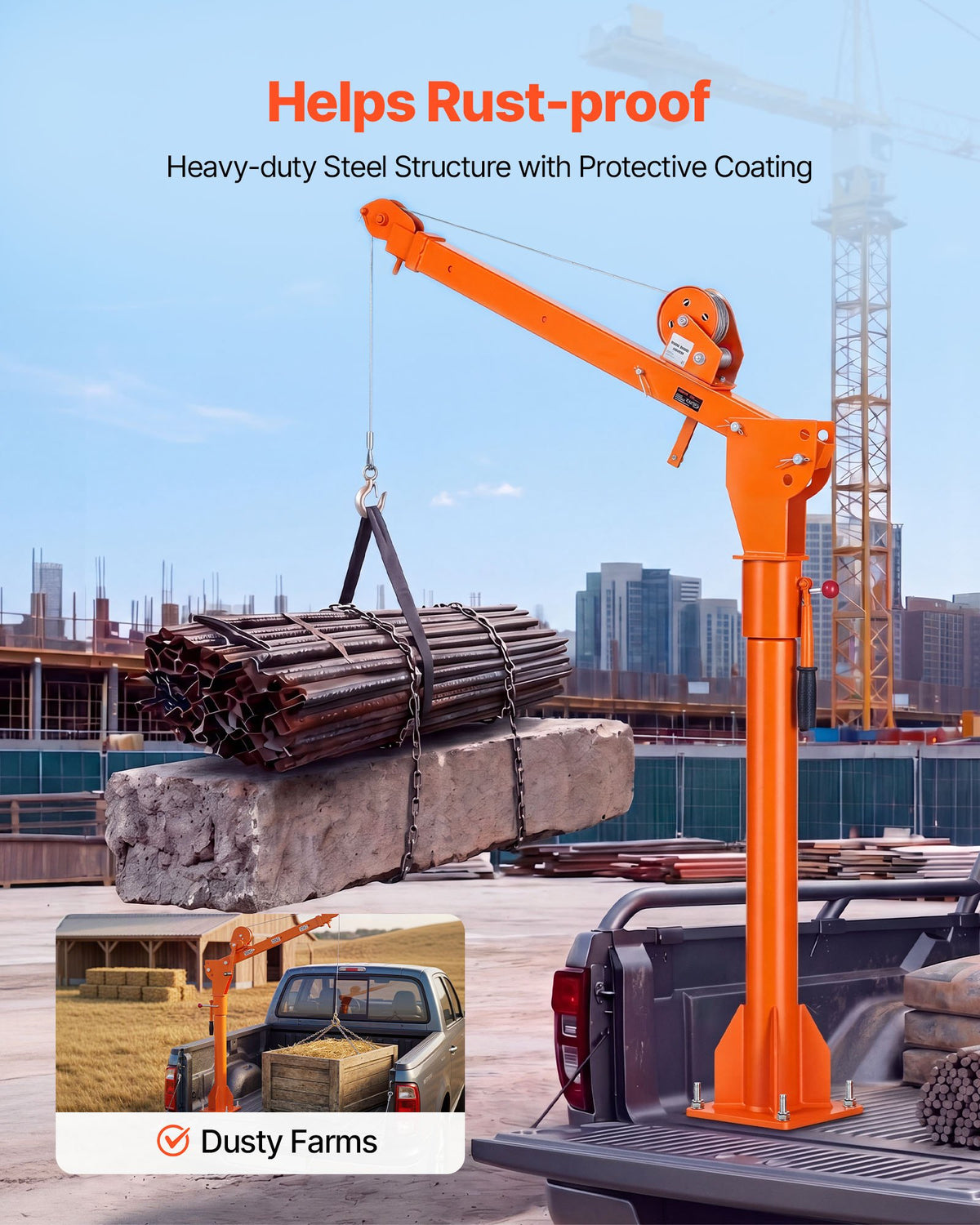 VEVOR Truck Crane, 1100 lbs Manual Pickup Truck Crane with Hand Winch, 360° Rotating Telescopic Boom, Premium Galvanized Steel, Foldable Pickup Bed Jib for Machine Lumber Attic Heavy Load Lifting - CXKSDCZDJSDJZEDLE001V0 - view 8