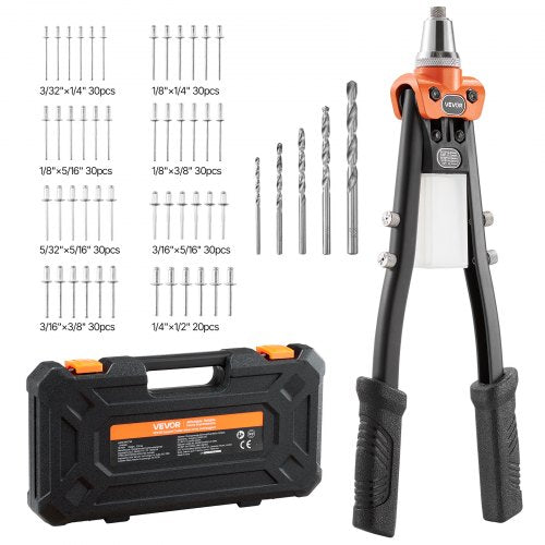 VEVOR Pop Rivet Gun Kit, with 230 Blind Rivets, Two-Handed Riveter with 5 Interchangeable Nosepieces, 5 Drill Bits, and a Carrying Case, Manual Riveting Tool for Metal, Automotive, Home, and DIY - CXLMQSBS16YCYDM9H001V0 - view 2